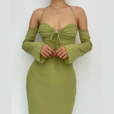 Low cut halter off shoulder long flared sleeve midi dress
