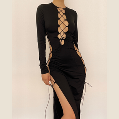 Long sleeve solid hollow out slit self tie lace up midi dress