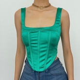 Sleeveless solid satin backless zip-up corset crop top