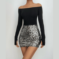 Glitter patchwork off shoulder gloves mini dress