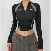 PRE ORDER - High neck zip-up long sleeve embroidery contrast top