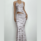 Halter irregular v neck ruched backless contrast print maxi skirt set