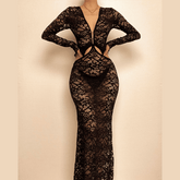 Lace gloves long sleeve button hollow out midi dress