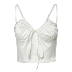 Halibuy Sleeveless low cut ruched tie front crop top