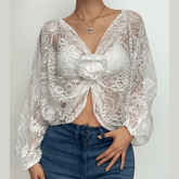 Lace see through long puff sleeve solid flower applique crop top