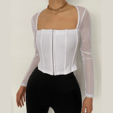 Square neck buttoned mesh long sleeve crop top