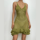 Crochet v neck sleeveless hollow out ruffle mini dress