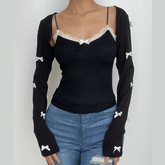 Ribbed bowknot contrast lace hem v neck shrug 2 piece top