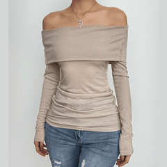 Ribbed off shoulder solid long sleeve stitch top
