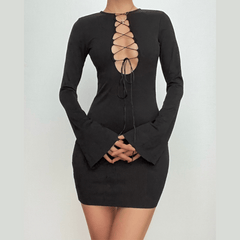 Lace up solid long sleeve ribbed self tie mini dress