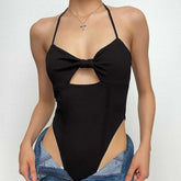 Halter self tie hollow out flower applique backless bowknot bodysuit