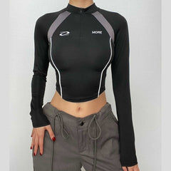 PRE ORDER - High neck zip-up long sleeve embroidery contrast top