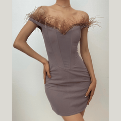 Feather backless zip-up off shoulder corset mini dress