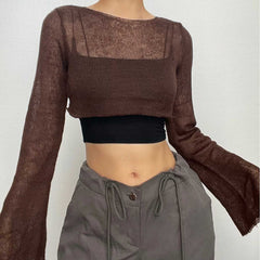 Long flared sleeve boat neck knitted crochet crop top