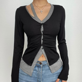Patchwork long sleeve button v neck contrast crop top