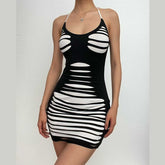 Contrast u neck self tie backless mini dress