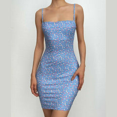 Flower print square neck backless contrast mini dress