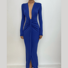 Long sleeve v neck solid ruched slit midi dress