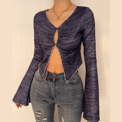 Long sleeve ruffled buttoned slit top