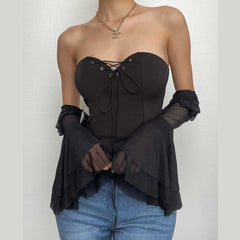 Mesh solid flared sleeve self tie corset shrug 2 piece top