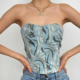 Stitch contrast smocked sweetheart neck backless denim top
