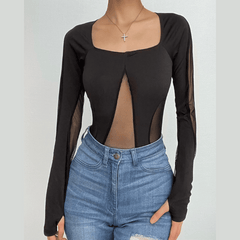 Square neck mesh patchwork long sleeve gloves bodysuit