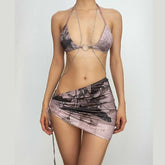 Halter self tie drawstring metal chain contrast o ring mini skirt set