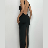 Sleeveless round neck solid backless slit midi dress