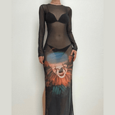 Joker pattern long sleeve sheer mesh see through slit maxi dress
