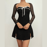 Long sleeve bowknot mesh shrug slit zip-up glitter 2 piece mini dress