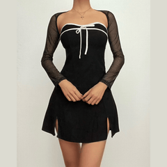 Long sleeve bowknot mesh shrug slit zip-up glitter 2 piece mini dress
