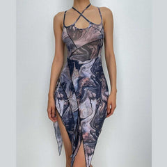 Ripple contrast irregular cross front halter ruffle mini dress