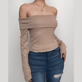 Textured off shoulder long sleeve solid top