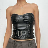 Sweetheart neck backless belt PU leather corset zip-up top