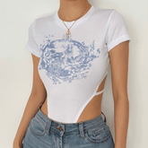 Crewneck short sleeve print hollow out bodysuit
