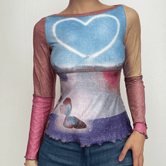 Patchwork stitch long sleeve contrast round neck top