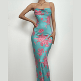 Flower print self tie cowl neck backless cami maxi dress