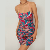 Chain strap ruched print bodycon dress