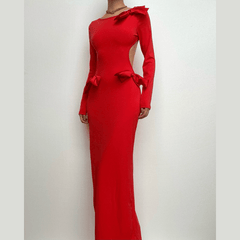 Bowknot backless hollow out solid long sleeve maxi dress