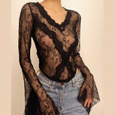 Lace v neck flared sleeve solid button top