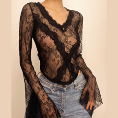 Lace v neck flared sleeve solid button top