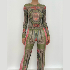 Long sleeve contrast sheer mesh see through pant set