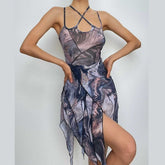 Ripple contrast irregular cross front halter ruffle mini dress