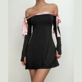 Bowknot contrast gloves long sleeve 3-way off shoulder mini dress