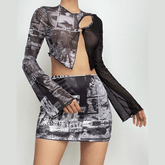 Mesh see through patchwork hollow out long sleeve mini skirt set