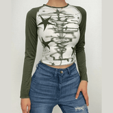 Stitch long sleeve contrast star pattern crewneck top