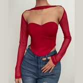 Corset solid mesh long sleeve 2 piece shrug crop top