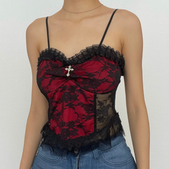 Sleeveless lace hem contrast spider web applique backless crop top