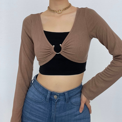 Long sleeve solid o ring ruched hollow out crop top