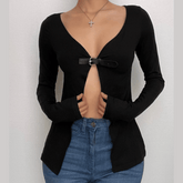 Long sleeve v neck buckle low cut solid crop top